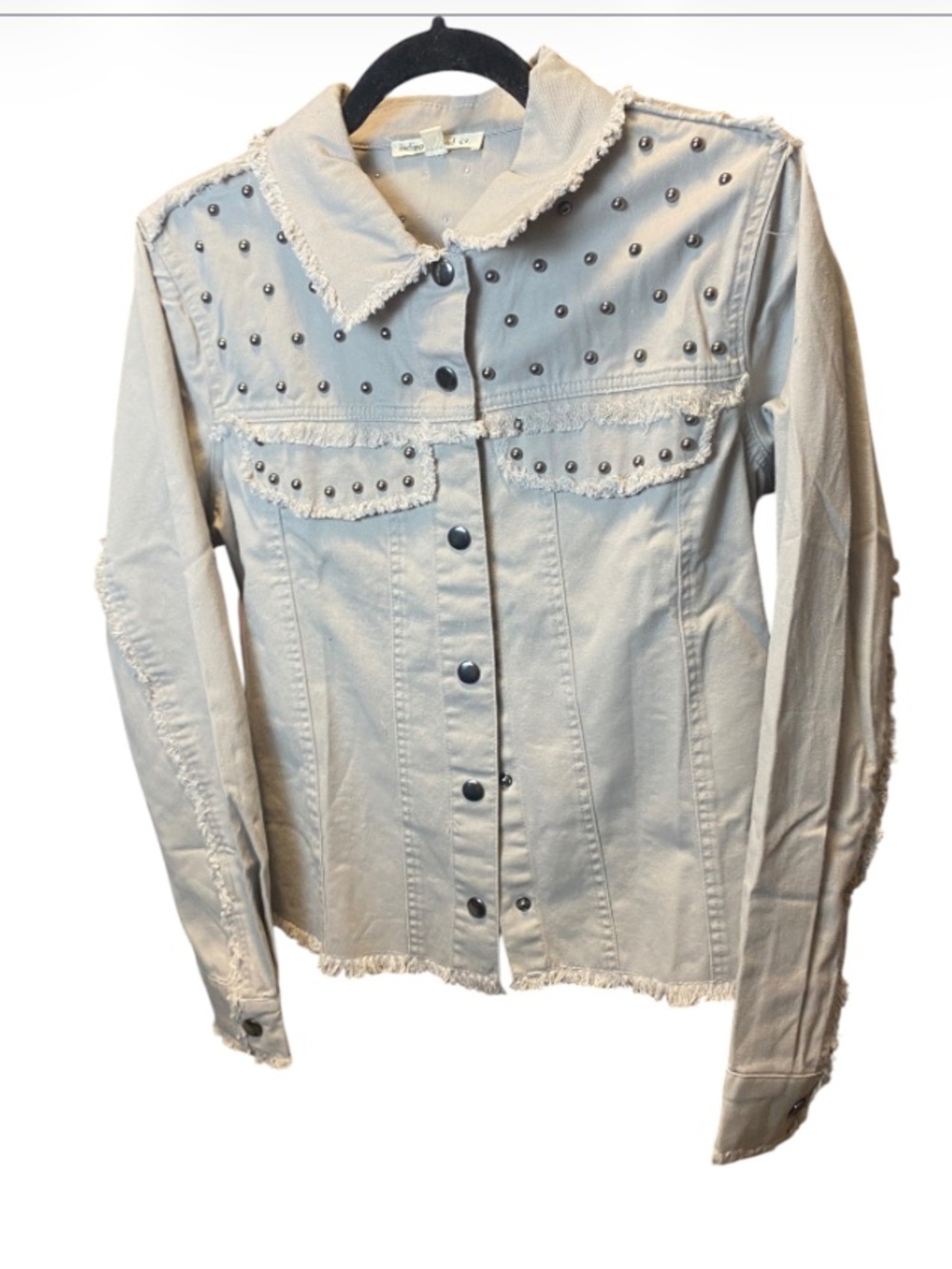 Indigo Thread Studded Light Gray Denim Jacket Biutique New